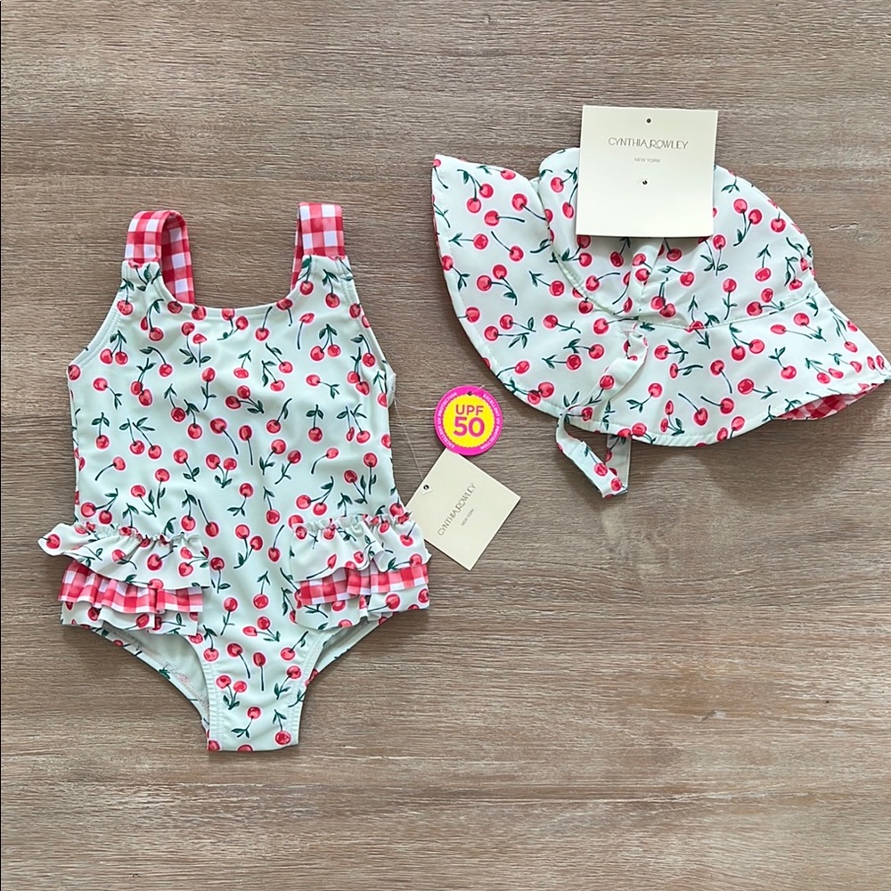 Cynthia Rowley Baby Girl Cherry Bow Gingham One Piece Swimsuit Hat 12 18 months